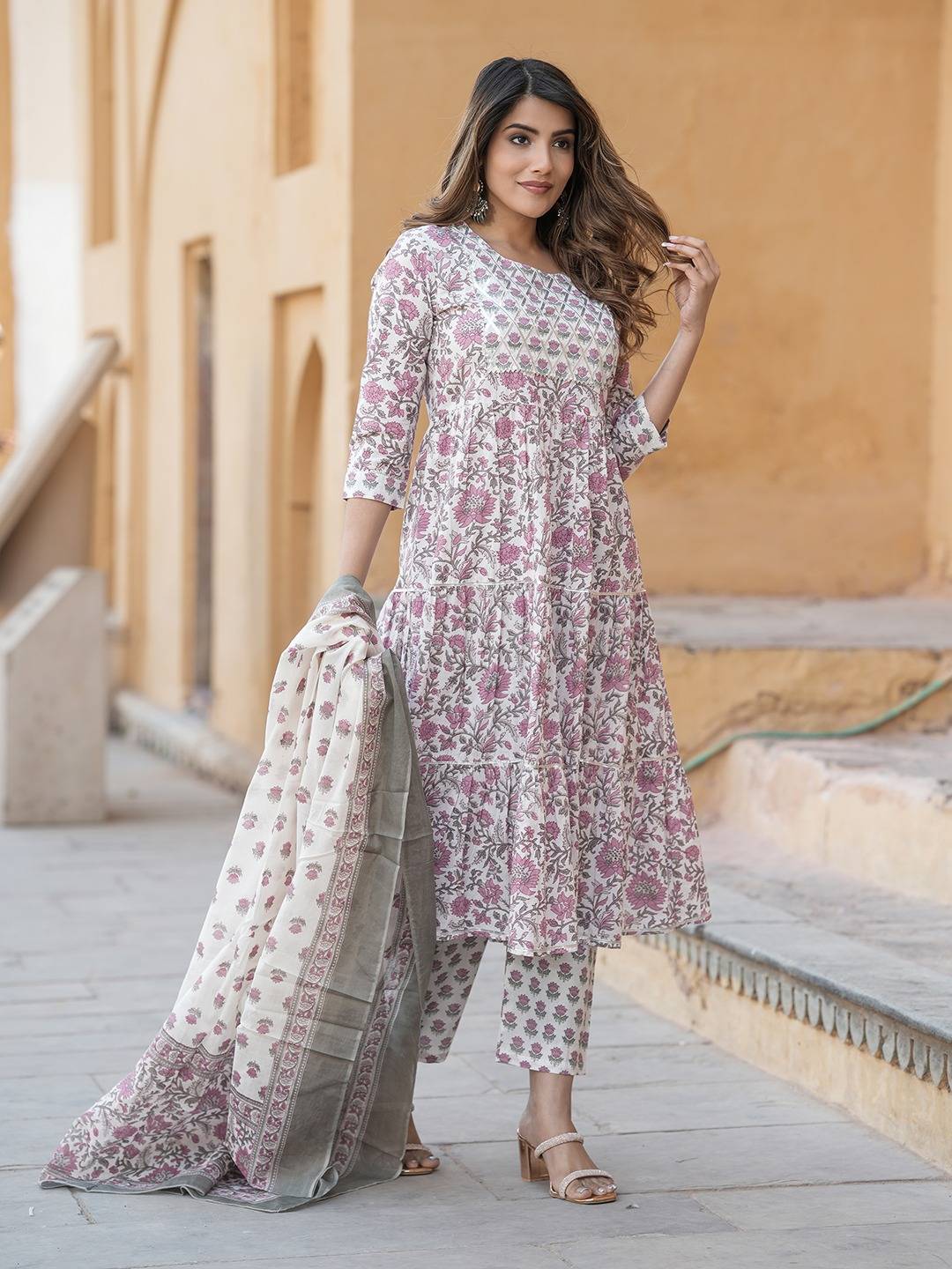 Jaitpuriya Women Purple And White Anarkali Pleated Kurta Pant Dupatta Set