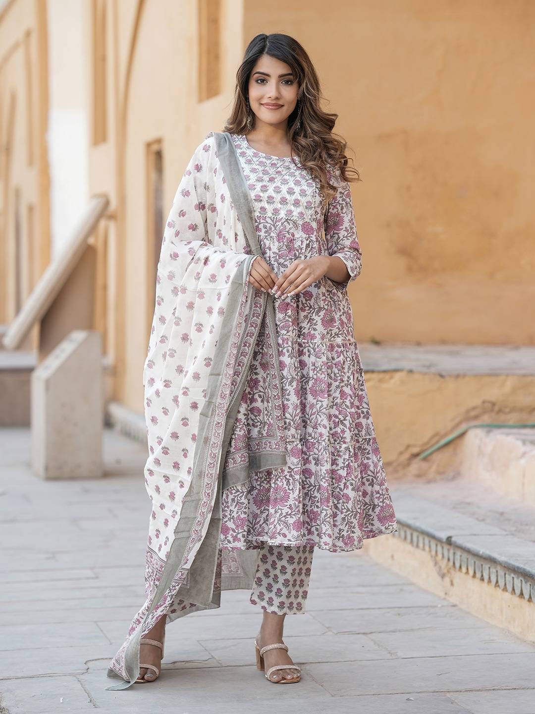 Jaitpuriya Women Purple And White Anarkali Pleated Kurta Pant Dupatta Set