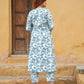 White Blue Floral Printed Angrakha style Pure Cotton Kurta With Trousers & Dupatta