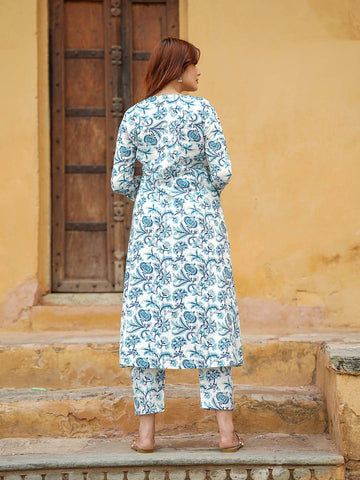 White Blue Floral Printed Angrakha style Pure Cotton Kurta With Trousers & Dupatta