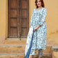 White Blue Floral Printed Angrakha style Pure Cotton Kurta With Trousers & Dupatta