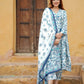 White Blue Floral Printed Angrakha style Pure Cotton Kurta With Trousers & Dupatta