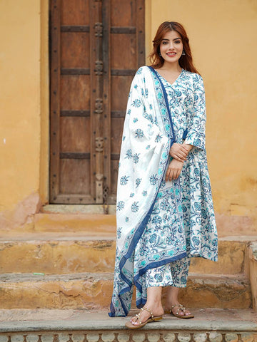 White Blue Floral Printed Angrakha style Pure Cotton Kurta With Trousers & Dupatta