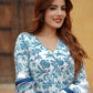 White Blue Floral Printed Angrakha style Pure Cotton Kurta With Trousers & Dupatta