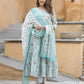 Jaitpuriya Women Grey And Turquoise Tiered Kurta Pant Dupatta Set