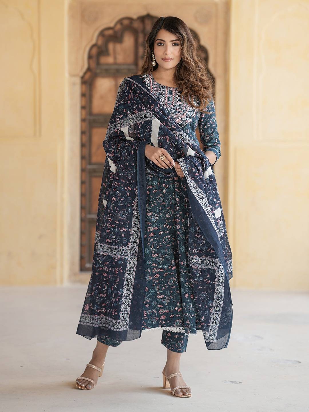 Jaitpuriya Women Blue Anarkali Kurta Pant Dupatta Set
