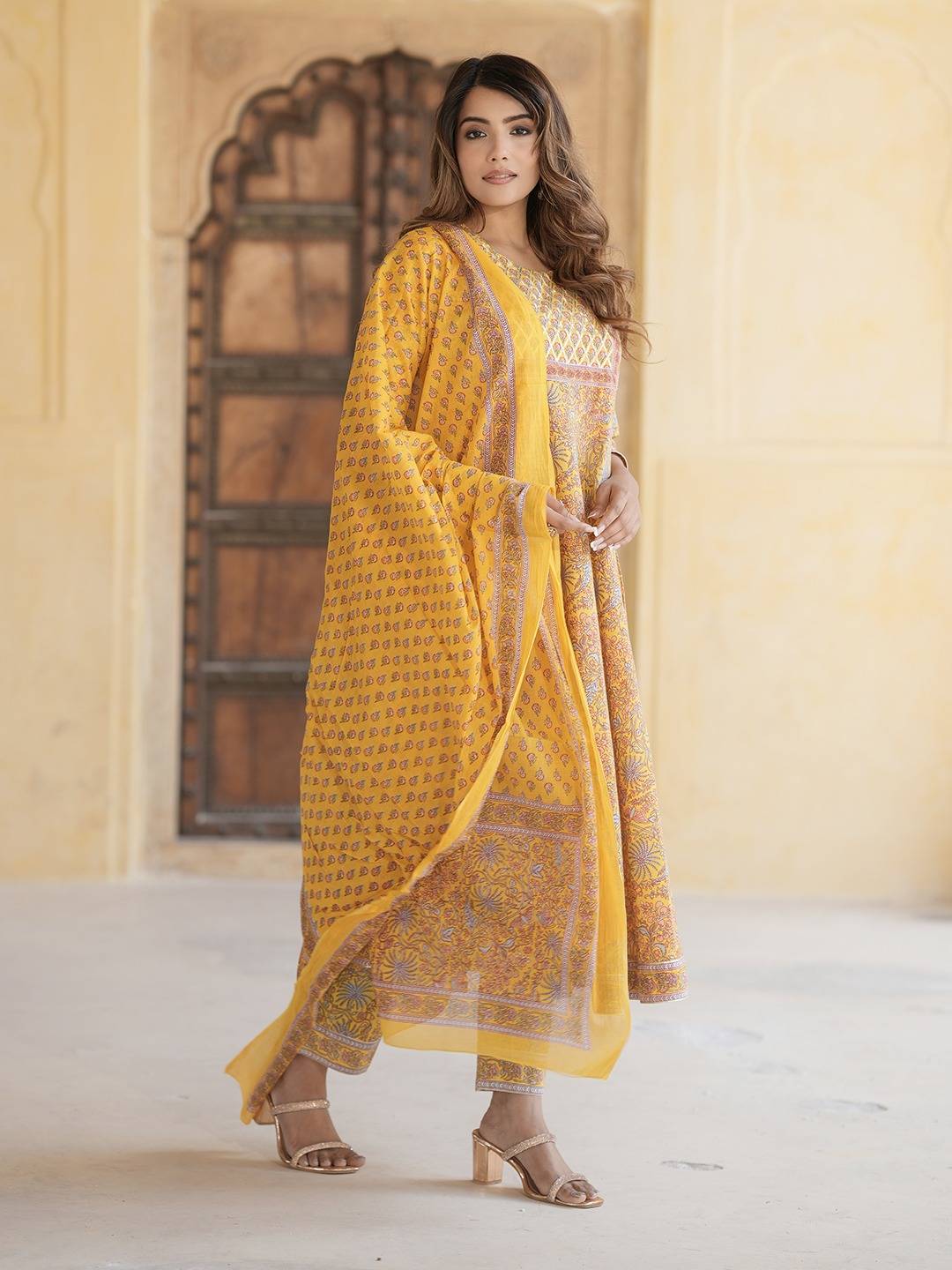 Jaitpuriya Women Mustard Yellow Anarkali Kurta Pant Dupatta Set