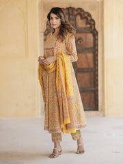 Jaitpuriya Women Mustard Yellow Anarkali Kurta Pant Dupatta Set