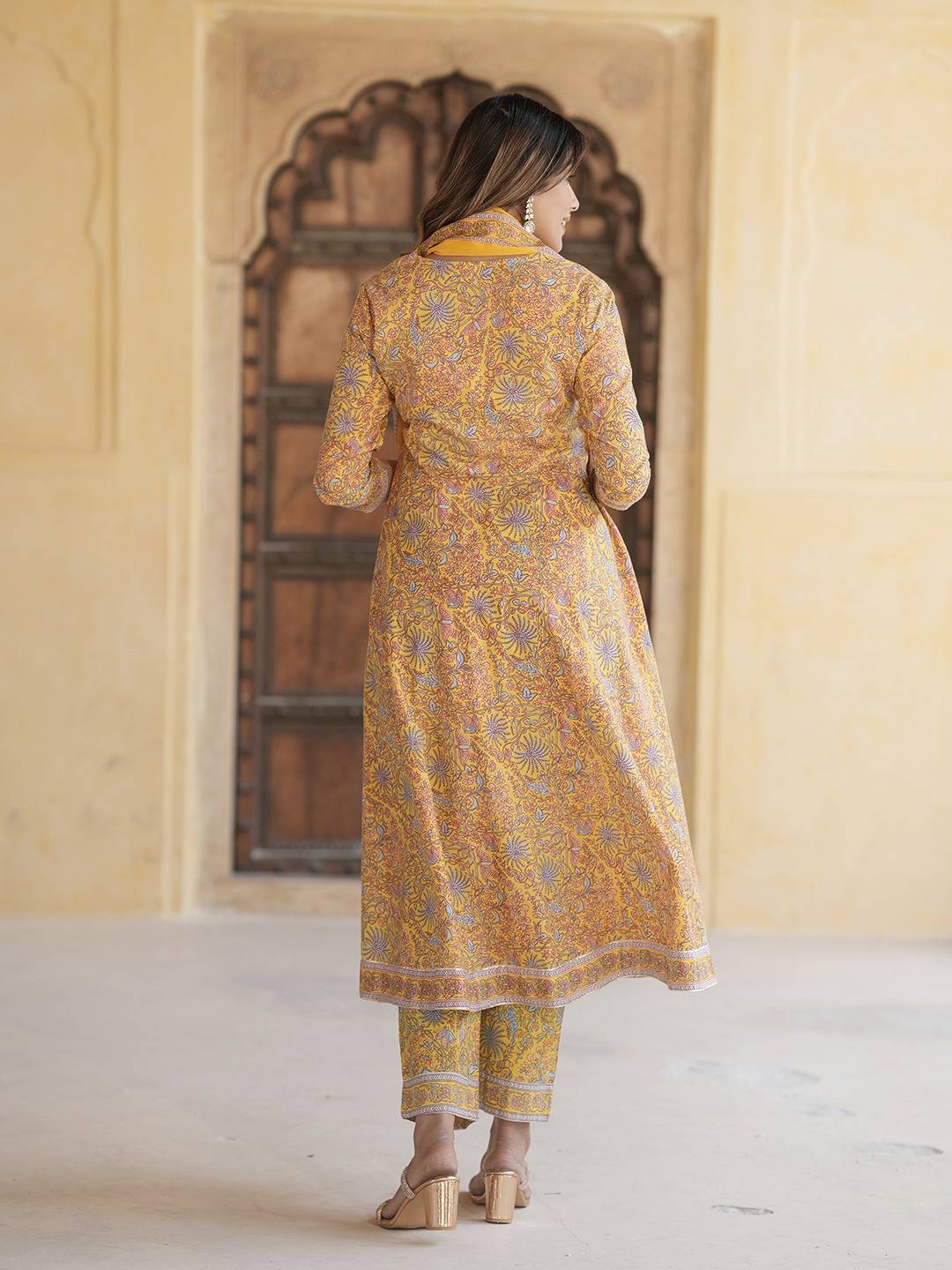 Jaitpuriya Women Mustard Yellow Anarkali Kurta Pant Dupatta Set