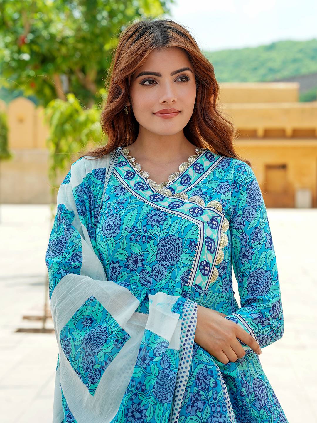 Floral Printed Angrakha Pure Cotton Anarkali Kurta With Trousers & Dupatta