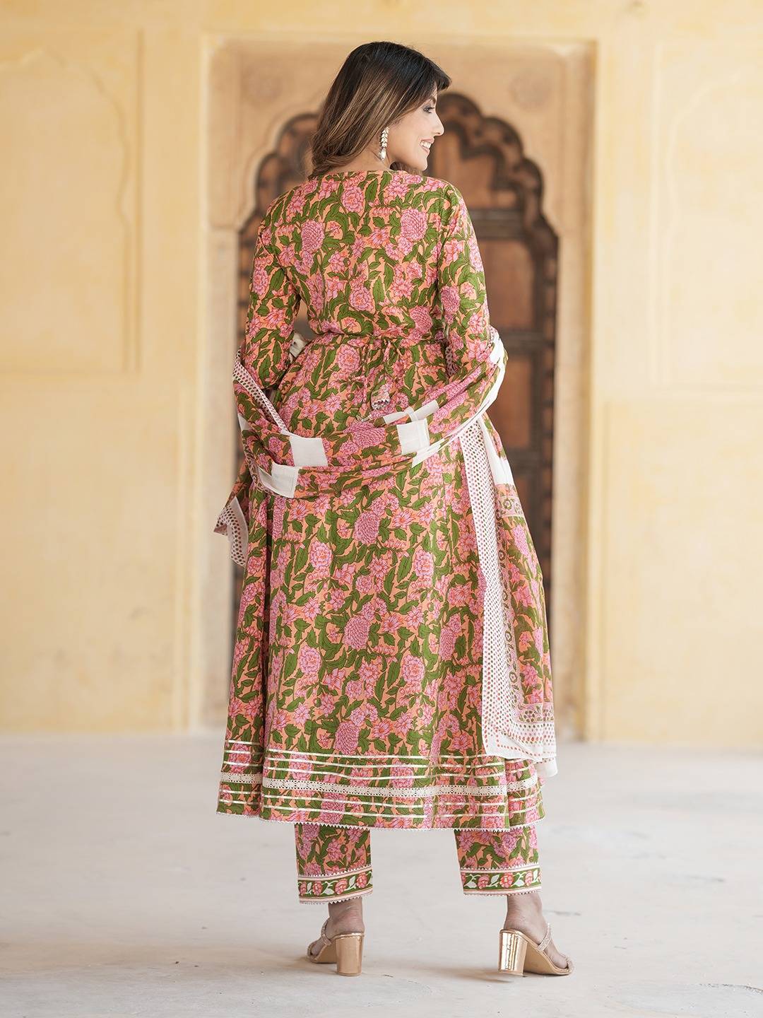 Jaitpuriya Women Mulit Angrakha Kurta Pant Dupatta Set