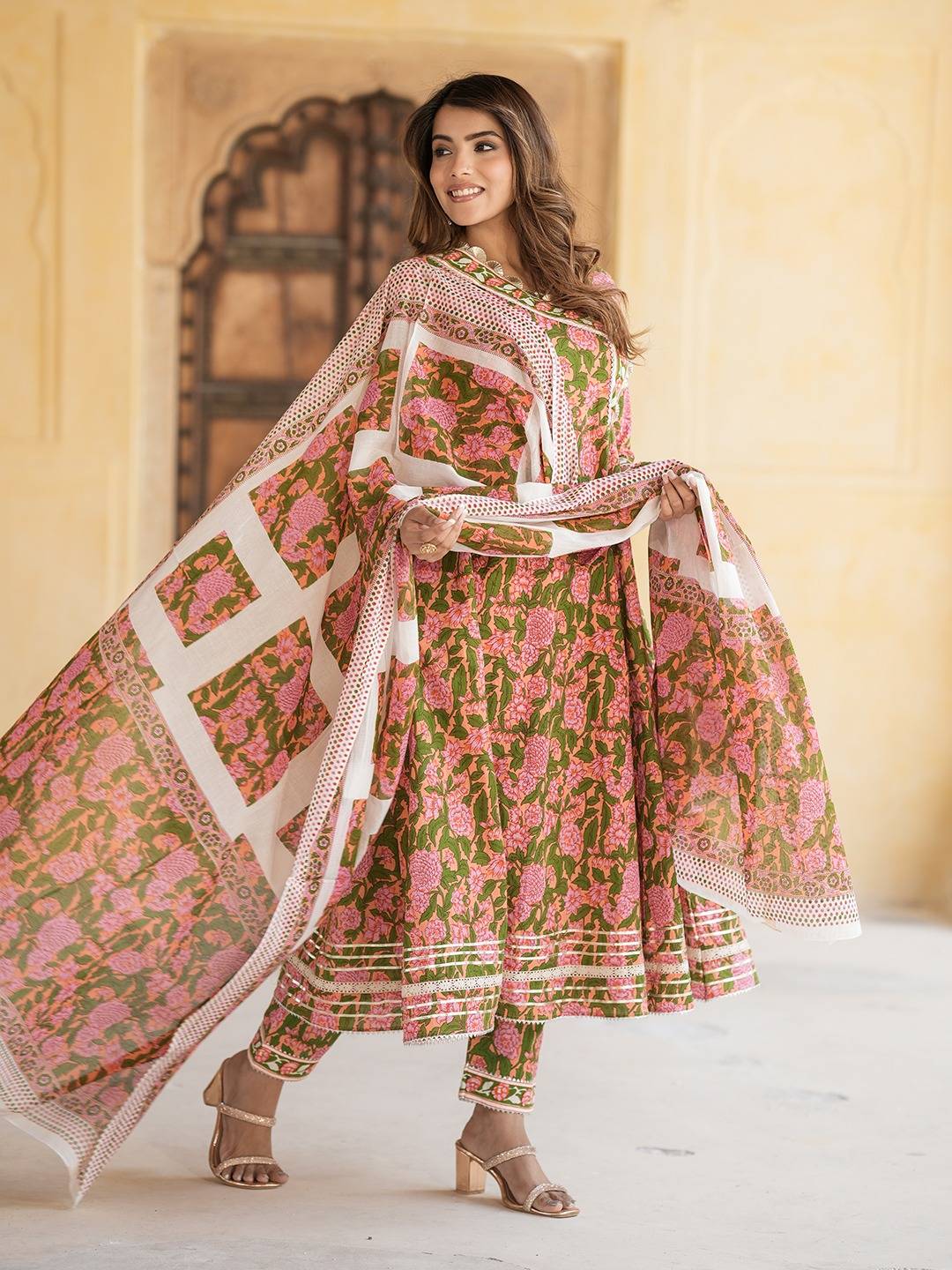 Jaitpuriya Women Mulit Angrakha Kurta Pant Dupatta Set