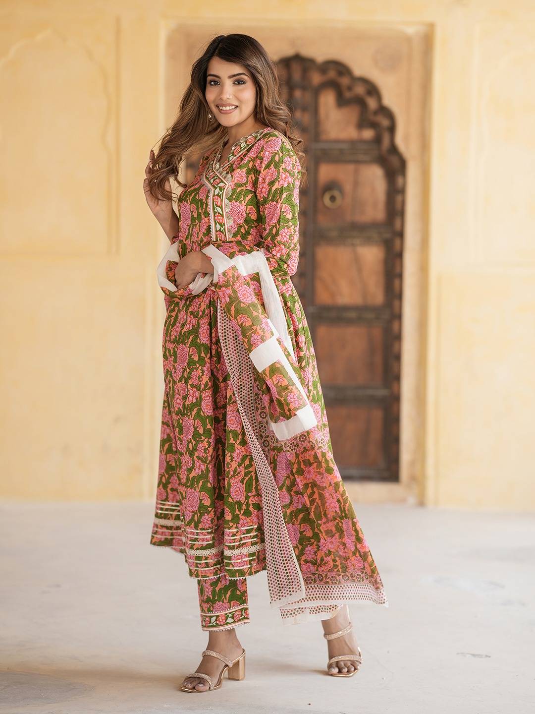 Jaitpuriya Women Mulit Angrakha Kurta Pant Dupatta Set
