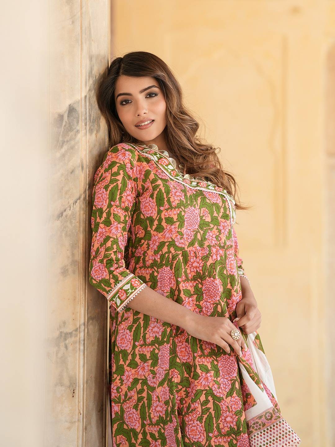 Jaitpuriya Women Mulit Angrakha Kurta Pant Dupatta Set