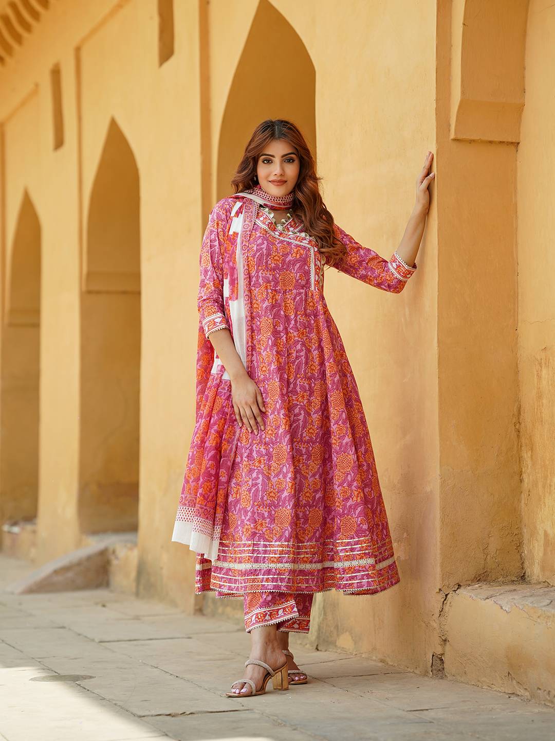 Jaitpuriya Women Pink Angrakha Kurta Pant Dupatta Set