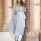 Jaitpuriya Women Sky Blue Anrakli Tiered Kurta Pant Dupatta Set