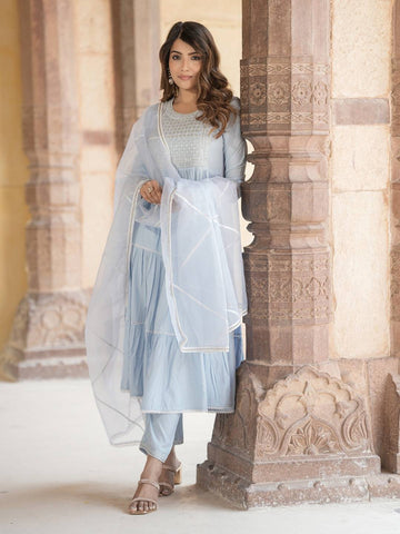 Jaitpuriya Women Sky Blue Anrakli Tiered Kurta Pant Dupatta Set