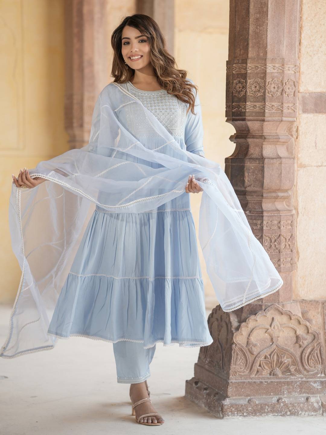 Jaitpuriya Women Sky Blue Anrakli Tiered Kurta Pant Dupatta Set