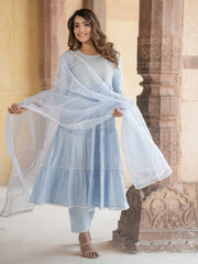 Jaitpuriya Women Sky Blue Anrakli Tiered Kurta Pant Dupatta Set