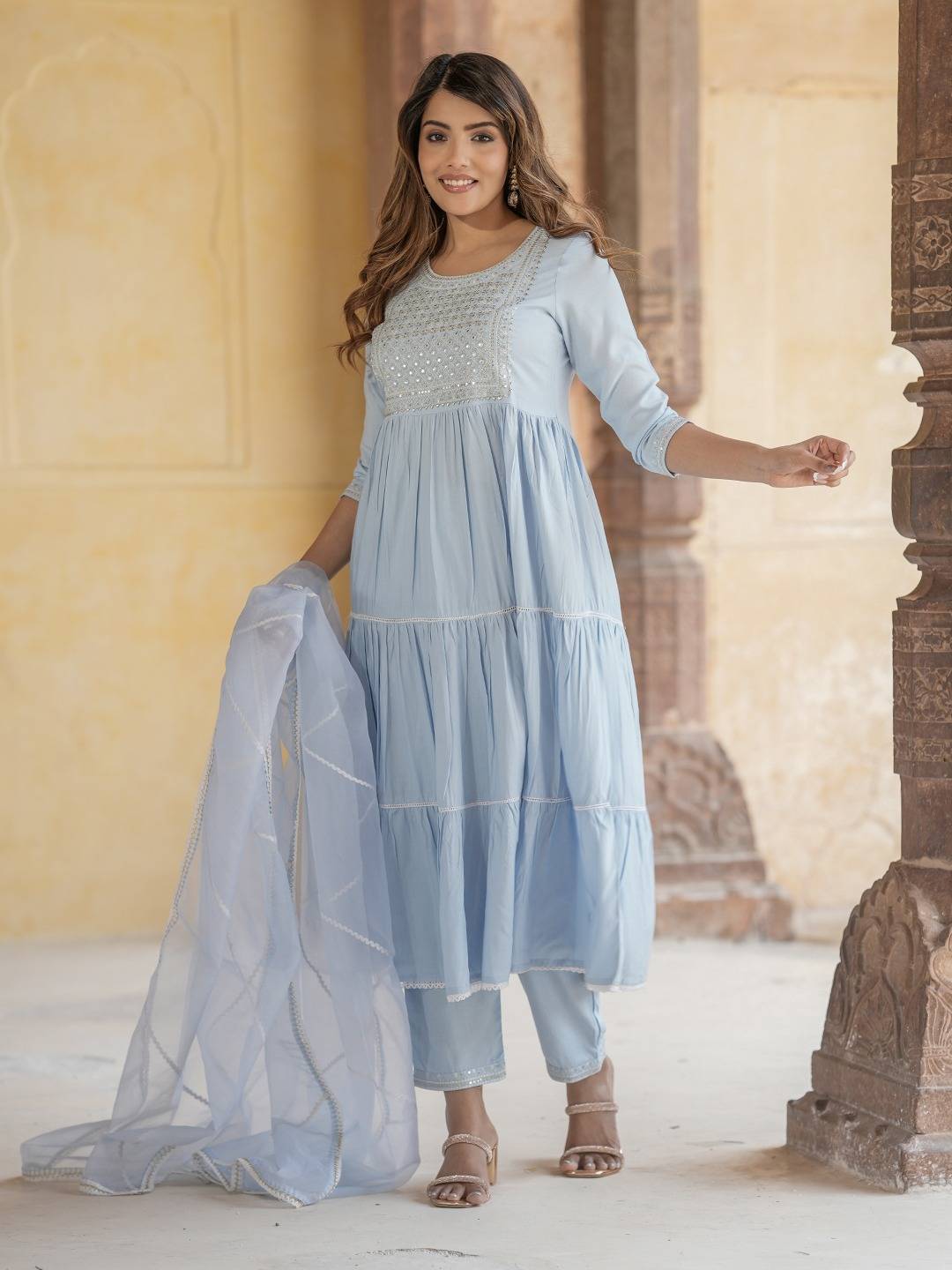 Jaitpuriya Women Sky Blue Anrakli Tiered Kurta Pant Dupatta Set