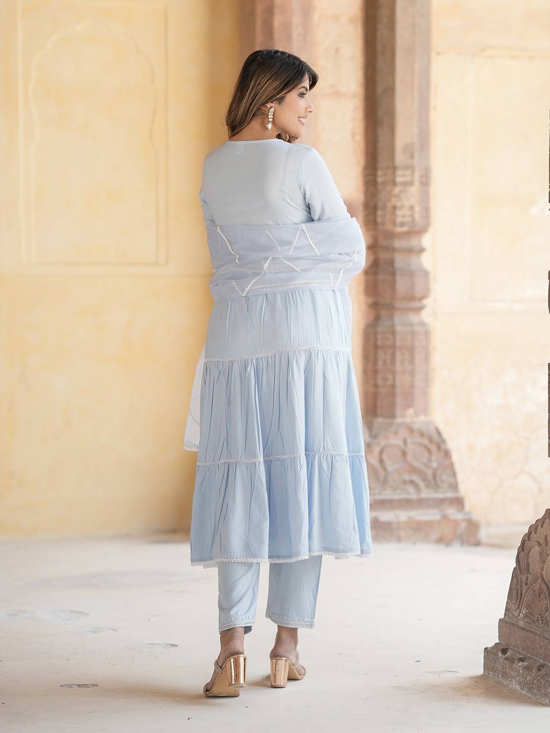 Jaitpuriya Women Sky Blue Anrakli Tiered Kurta Pant Dupatta Set