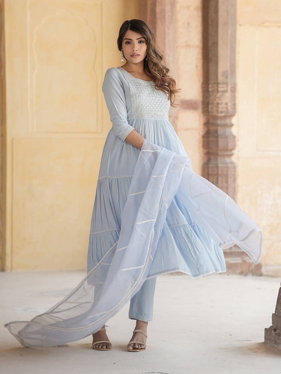 Jaitpuriya Women Sky Blue Anrakli Tiered Kurta Pant Dupatta Set