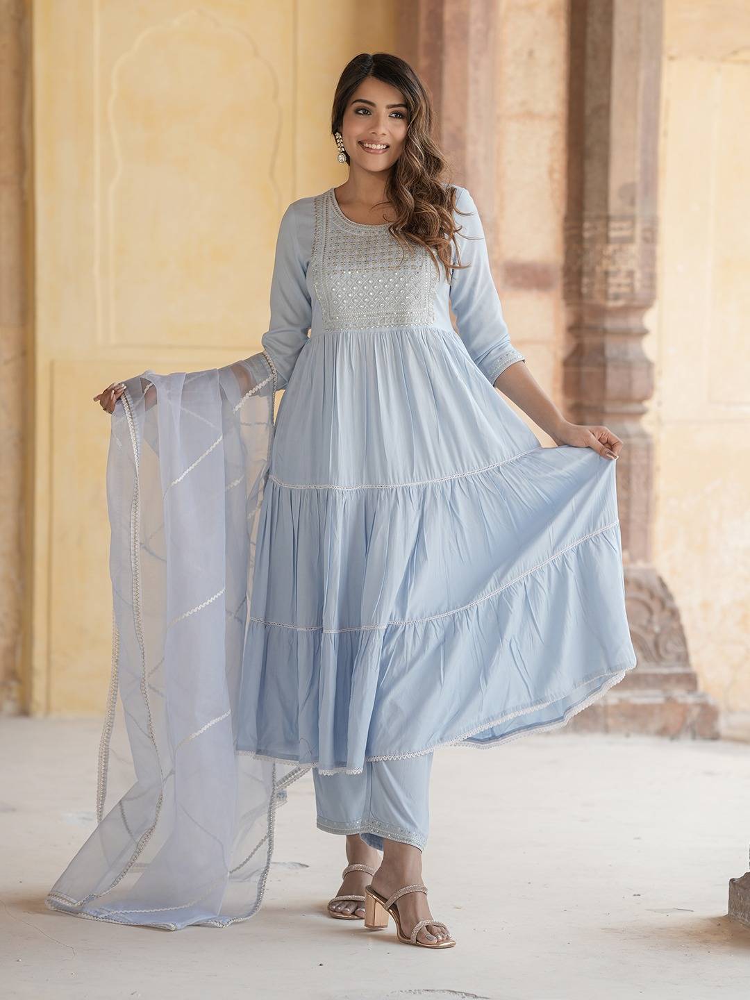 Jaitpuriya Women Sky Blue Anrakli Tiered Kurta Pant Dupatta Set
