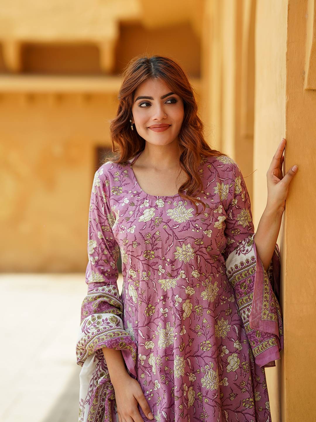 Jaitpuriya Women Mauve Floral Anarkali Kurta Pant Dupatta Set
