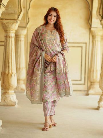 Jaitpuriya Floral Printed Mirror Work Pure Cotton Straight Kurta With Trousers & Dupatta