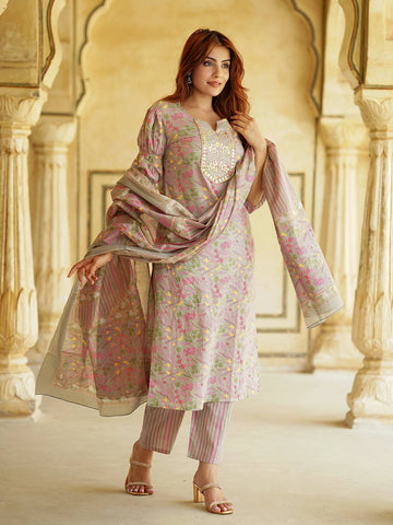 Jaitpuriya Floral Printed Mirror Work Pure Cotton Straight Kurta With Trousers & Dupatta