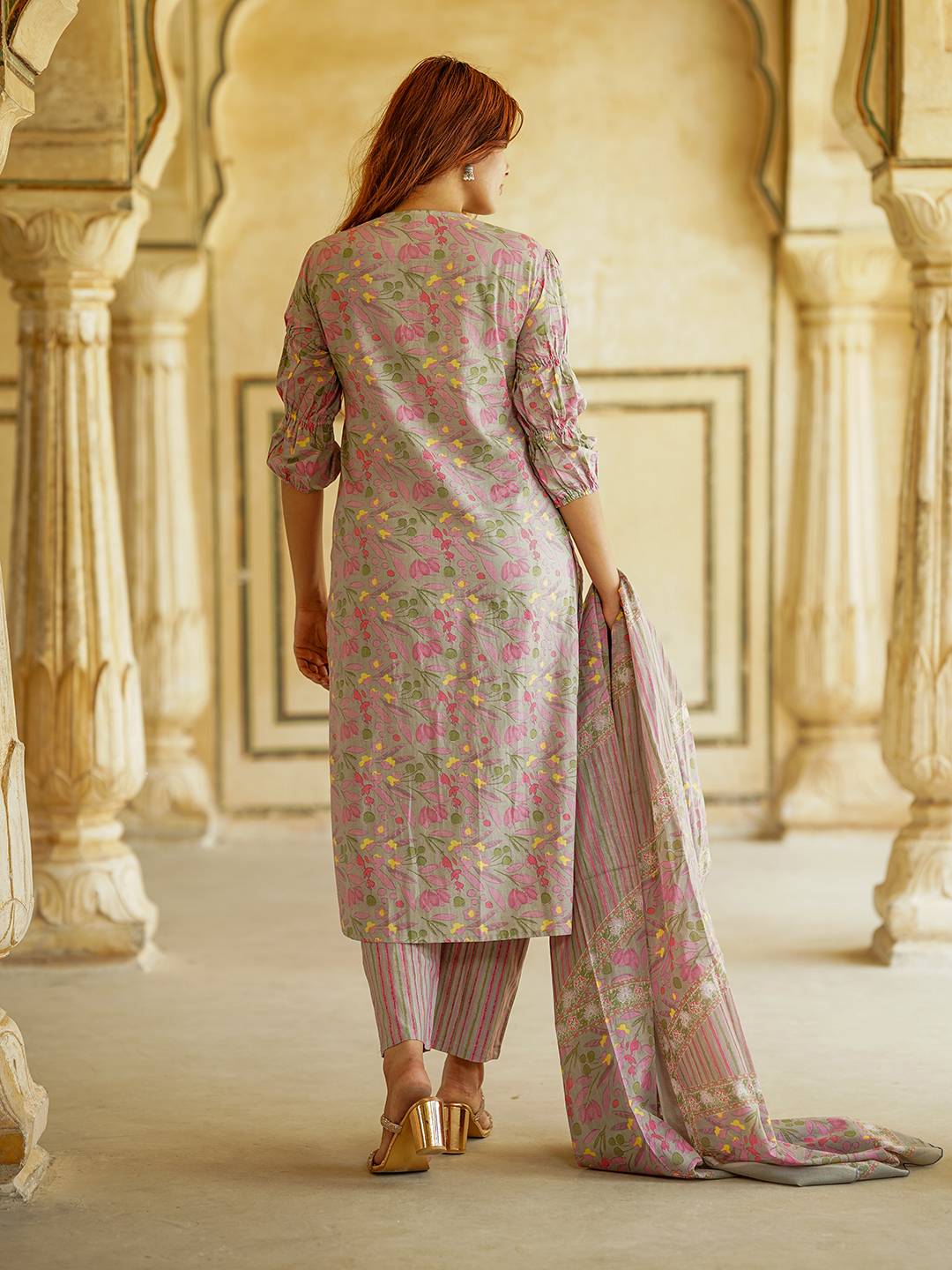 Jaitpuriya Floral Printed Mirror Work Pure Cotton Straight Kurta With Trousers & Dupatta
