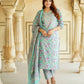 Jaitpuriya Blue Floral Print Mirror Work Pure Cotton Straight Kurta With Trousers & Dupatta