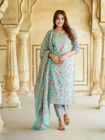 Jaitpuriya Blue Floral Print Mirror Work Pure Cotton Straight Kurta With Trousers & Dupatta