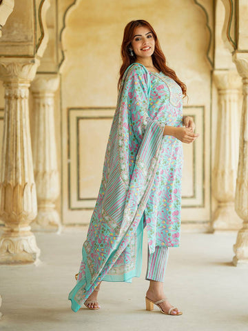 Jaitpuriya Blue Floral Print Mirror Work Pure Cotton Straight Kurta With Trousers & Dupatta