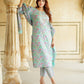 Jaitpuriya Blue Floral Print Mirror Work Pure Cotton Straight Kurta With Trousers & Dupatta