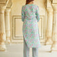 Jaitpuriya Blue Floral Print Mirror Work Pure Cotton Straight Kurta With Trousers & Dupatta