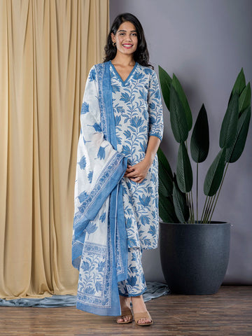 Jaitpuriya Women Blue & White Straight Kurta Bottom And Dupatta Set