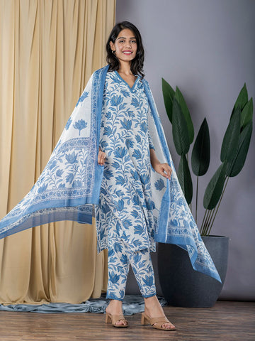 Jaitpuriya Women Blue & White Straight Kurta Bottom And Dupatta Set