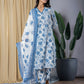 Jaitpuriya Women Blue & White Straight Kurta Bottom And Dupatta Set