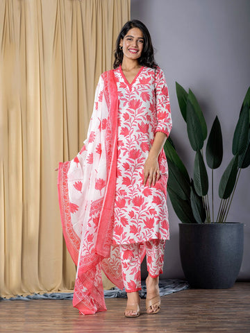 Jaitpuriya Women Red & White Straight Kurta Bottom And Dupatta Set