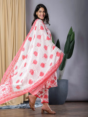 Jaitpuriya Women Red & White Straight Kurta Bottom And Dupatta Set