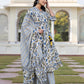 Jaitpuriya Women Blue And Off White A-Line Kurta Bottom And Dupatta