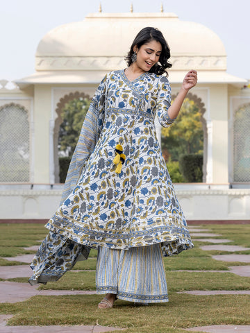 Jaitpuriya Women Blue And Off White A-Line Kurta Bottom And Dupatta