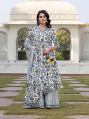 Jaitpuriya Women Blue And Off White A-Line Kurta Bottom And Dupatta