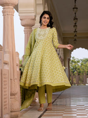 Jaitpuriya Women Green Embroidered Anarkali Kurta Bottom And Dupatta