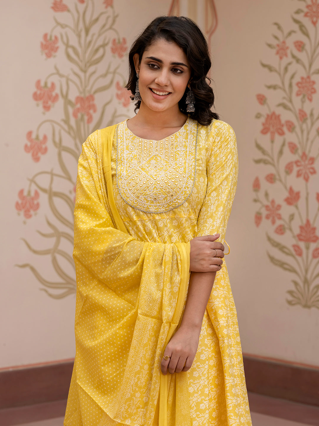 Jaitpuriya Women Yellow Embroidered Anarkali Kurta Bottom And Dupatta