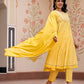 Jaitpuriya Women Yellow Embroidered Anarkali Kurta Bottom And Dupatta