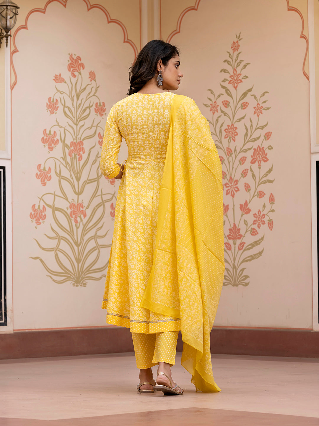 Jaitpuriya Women Yellow Embroidered Anarkali Kurta Bottom And Dupatta