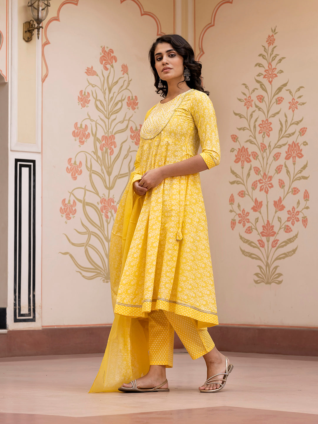 Jaitpuriya Women Yellow Embroidered Anarkali Kurta Bottom And Dupatta
