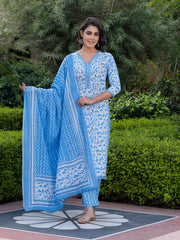 Jaitpuriya Women Blue Embroidered Straight Kurta Bottom And Dupatta